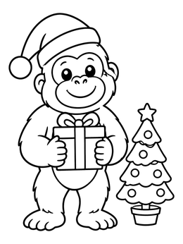 A cheerful gorilla coloring page with a Santa hat holding a wrapped gift beside a Christmas tree.