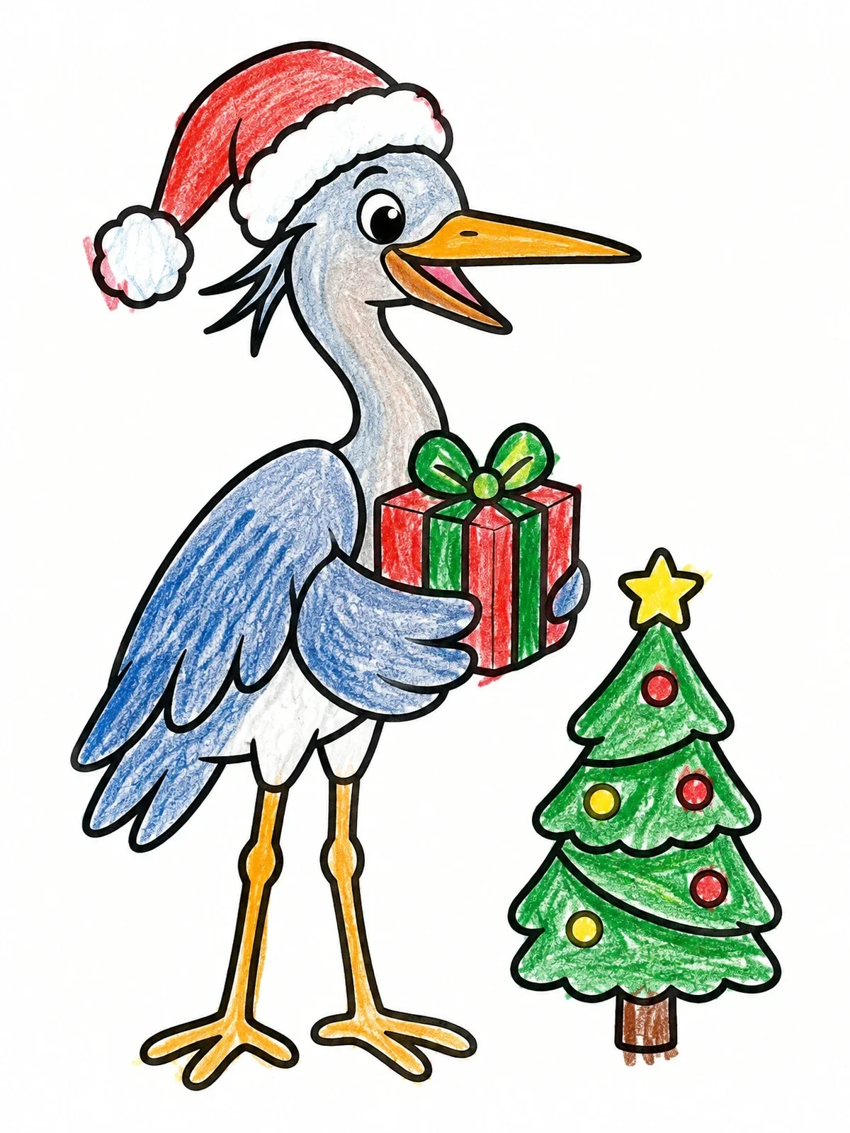 Colored example of the Festive Heron With Christmas Gift coloring page