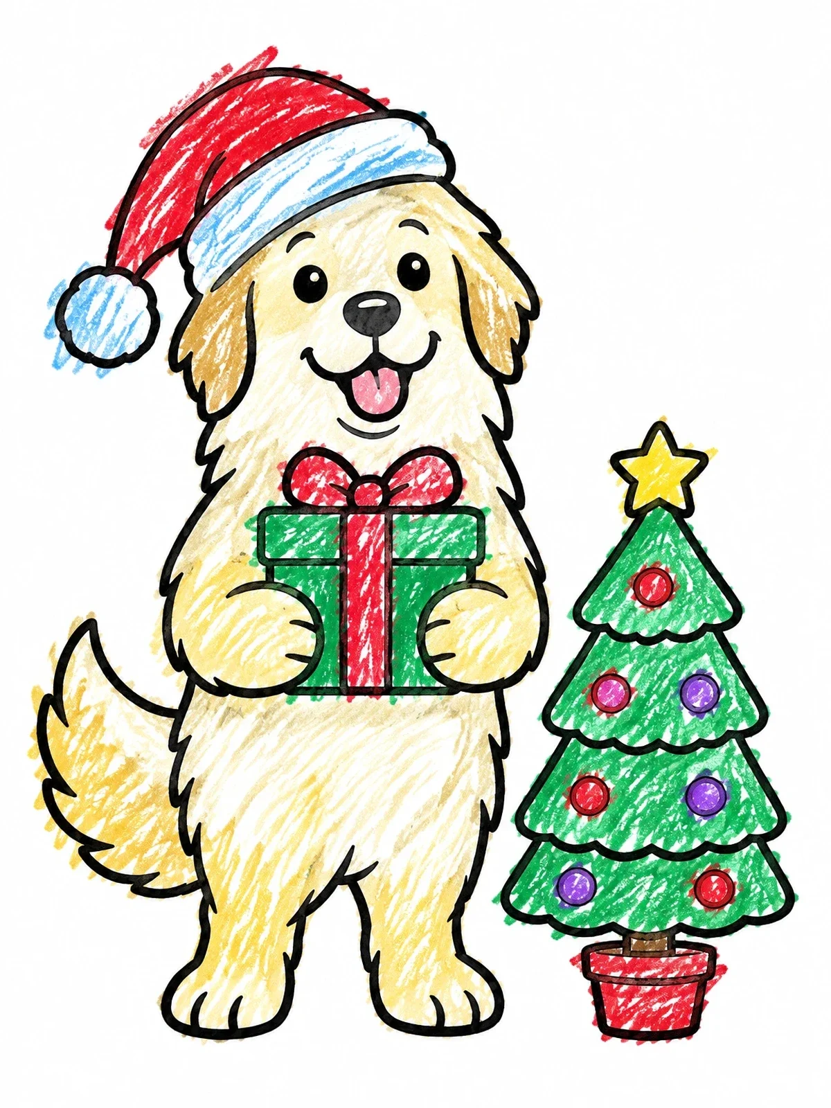 Colored example of the Christmas Great Pyrenees With Gift coloring page