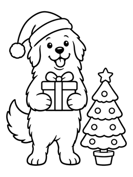Free printable Christmas Great Pyrenees With Gift coloring page