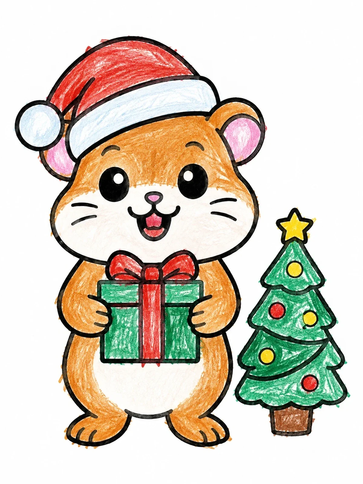 Colored example of the Christmas Hamster Holding Present coloring page