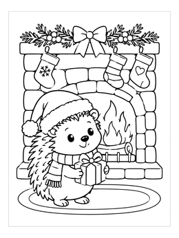 Free printable Cozy Christmas Hedgehog By The Fireplace coloring page