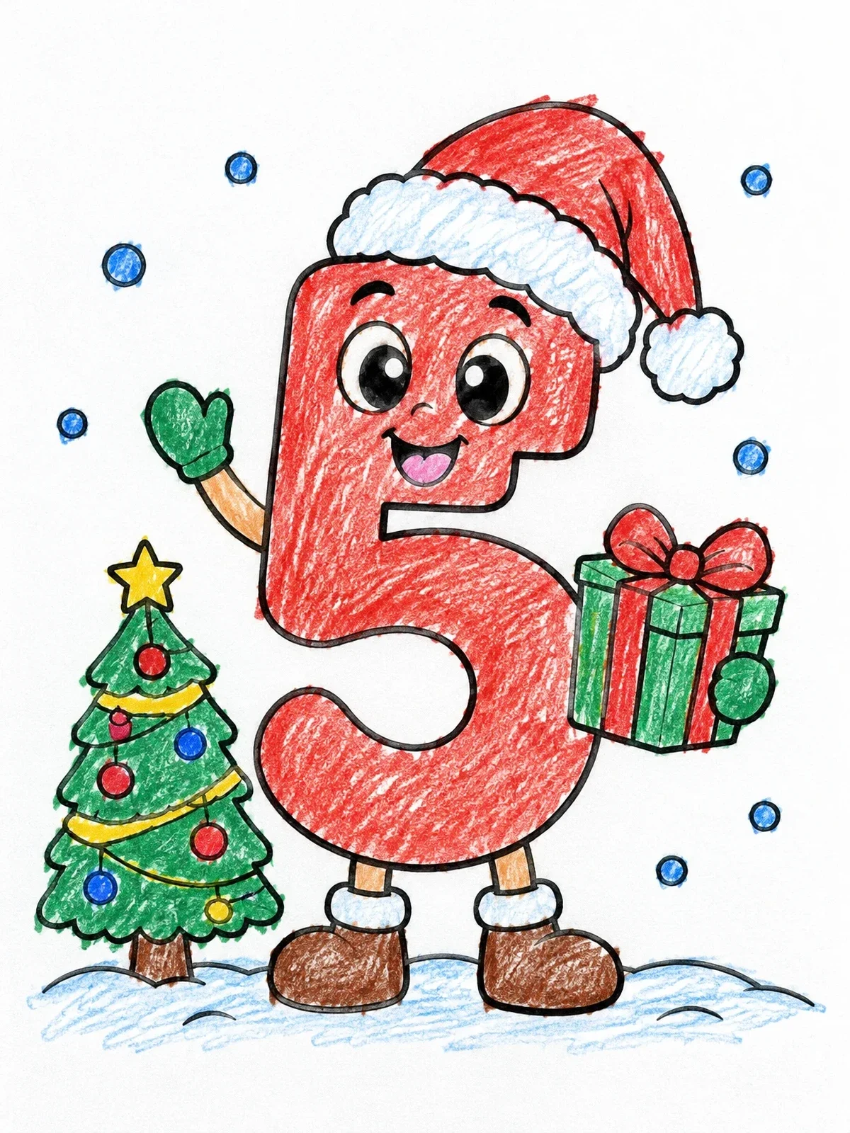 Colored example of the Festive Christmas Number Five Character coloring page