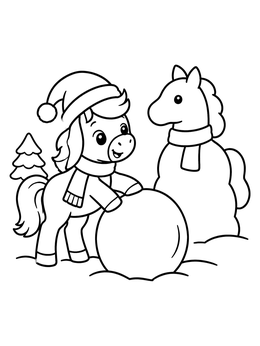 A cheerful pony in a Santa hat rolls a snowball next to a snow pony on this christmas horse coloring page.