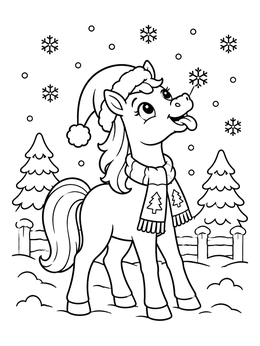 Free printable Cute Pony Catching Winter Snowflakes coloring page