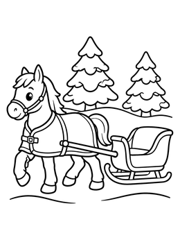 A friendly pony wearing a warm blanket pulling a sleigh on this christmas horse coloring page.