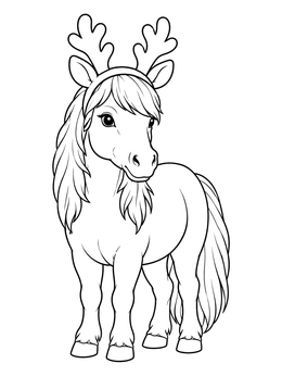A sweet christmas horse coloring page featuring a pony wearing reindeer antlers headband.