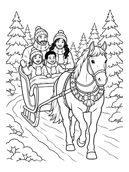 A cheerful family enjoys a snowy ride in this christmas horse coloring page.