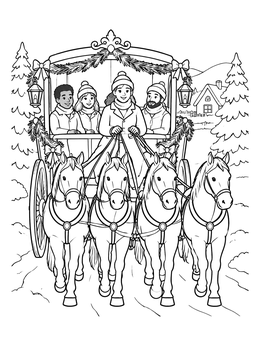A cheerful christmas horse coloring page featuring four ponies pulling a holiday carriage.