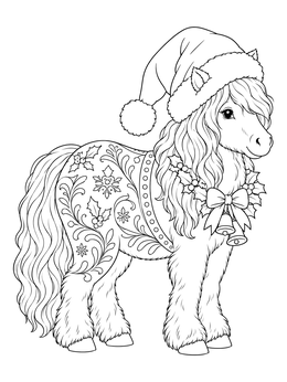 A festive christmas horse coloring page featuring a fluffy pony in a Santa hat and decorative blanket.