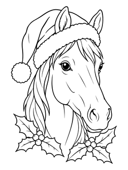A festive christmas horse coloring page featuring a horse wearing a Santa hat with holly leaves.