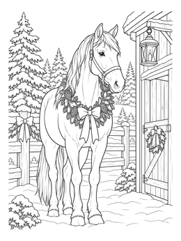A festive horse wearing a pine wreath in this christmas horse coloring page.