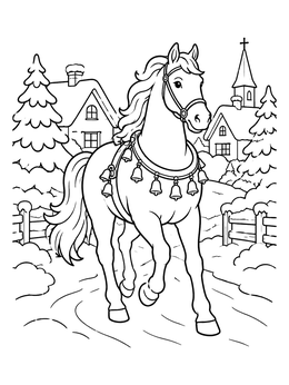 A cheerful christmas horse coloring page featuring a pony with bells in a winter village.