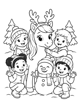 Free printable Holiday Pony With Children And Snowman coloring page