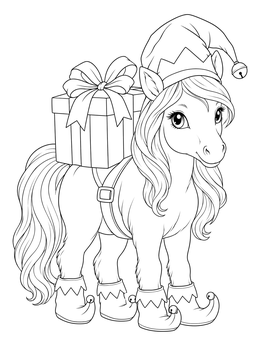 A cute pony wearing an elf hat and booties on this christmas horse coloring page.