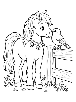 A cute pony meets a little bird on this christmas horse coloring page.