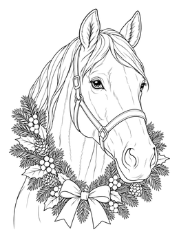 A detailed christmas horse coloring page featuring a horse wearing a pine wreath and bow.