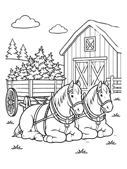 Two friendly draft horses resting near a pine tree wagon on this christmas horse coloring page.