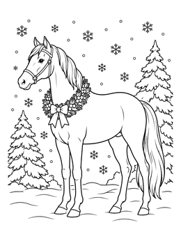 A festive christmas horse coloring page featuring a horse wearing a holiday wreath in the snow.