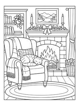 A peaceful sleeping cat rests on an armchair in this warm christmas house coloring page.
