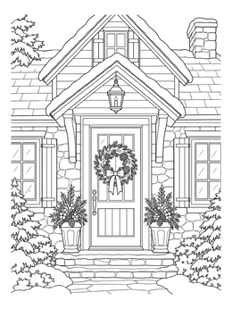 A festive christmas house coloring page featuring a front door with a wreath and snow on the roof.