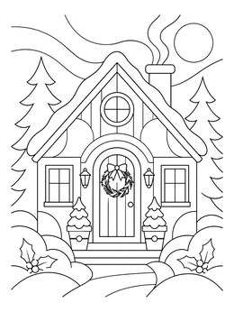 A charming christmas house coloring page featuring a snow-covered cottage with a door wreath.