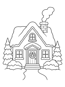 A charming christmas house coloring page featuring snow on the roof, a wreath, and smoking chimney.