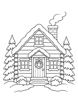 Snow-covered christmas house coloring page featuring a cozy wooden cabin surrounded by pine trees.