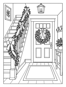 A festive entryway staircase and front door in this christmas house coloring page.