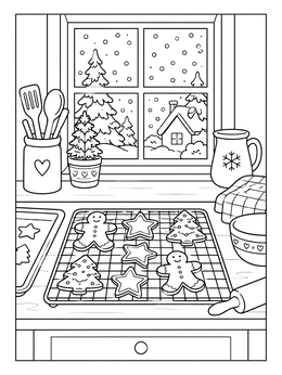 A cozy kitchen counter with cooling holiday cookies in this christmas house coloring page.