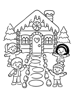 Happy kids outside a snowy sweet home in this christmas house coloring page.