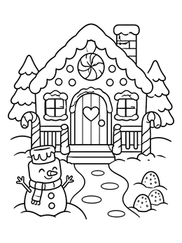Free printable Gingerbread House And Friendly Snowman coloring page