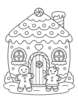 Gingerbread couple outside a sweet cottage in this charming christmas house coloring page.