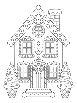 A festive christmas house coloring page featuring a decorated gingerbread cottage with ice cream trees.