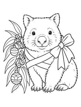 A festive wombat in a ribbon highlights this christmas in australia coloring page.
