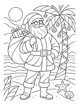 Santa on the sand in this christmas in australia coloring page.
