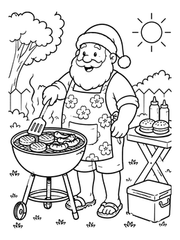 Free printable Santa Grilling At Summer Barbecue coloring page
