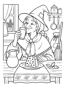 A friendly La Befana drinks milk near panettone in this christmas in italy coloring page.