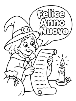Free printable La Befana Reading Her Gift List coloring page