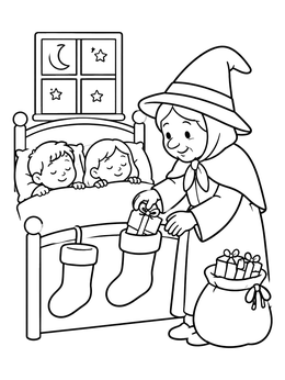 Gentle Befana fills stockings in this christmas in italy coloring page.