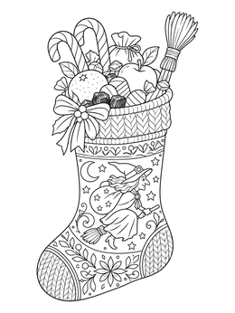 Festive Befana stocking in a christmas in italy coloring page with treats and fruits.