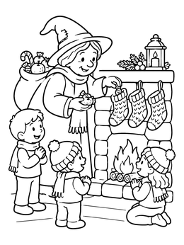 Free printable La Befana Fills Christmas Stockings coloring page
