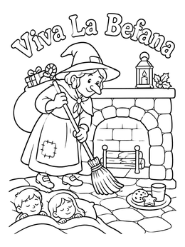 Free printable La Befana By The Fireplace coloring page