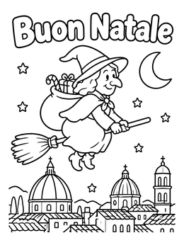 Free printable La Befana Flying Over Italy coloring page