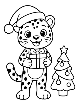 A cute jaguar coloring page featuring a cub in a Santa hat holding a Christmas gift.