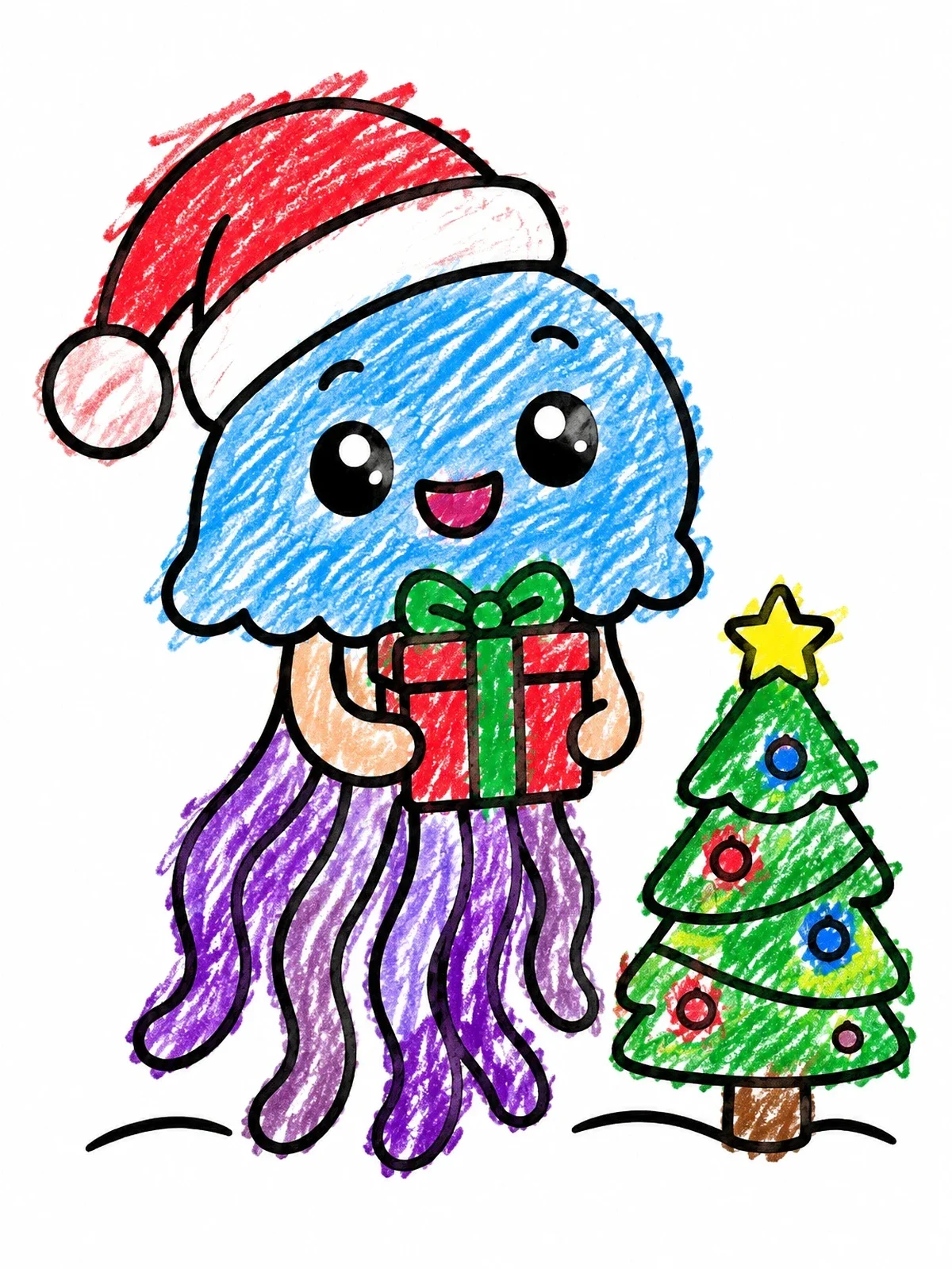 Colored example of the Cute Christmas Jellyfish With Present coloring page