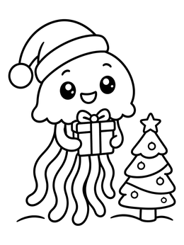 A festive jellyfish coloring page featuring a Santa hat, a gift box, and a Christmas tree.