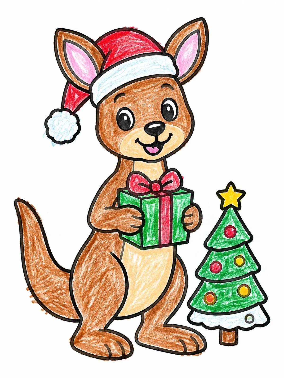 Colored example of the Cute Christmas Kangaroo With Present coloring page