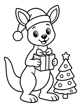 A festive kangaroo coloring page featuring a joey with a Santa hat and a gift beside a Christmas tree.