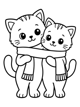 Two cute kittens snuggled in a warm scarf on this christmas kitten coloring page.